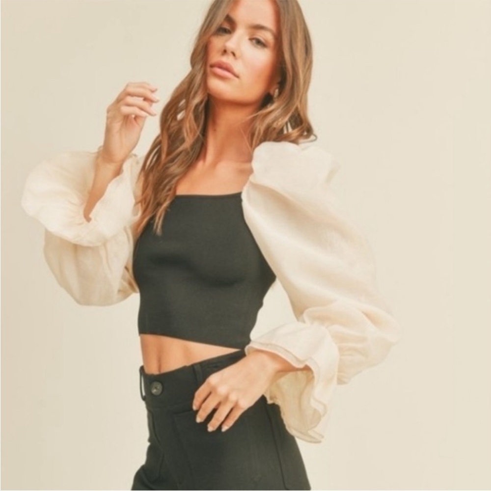 Miou Muse Eloise Black and Ivory Sheer Puff Sleeve Crop Top Large NEW